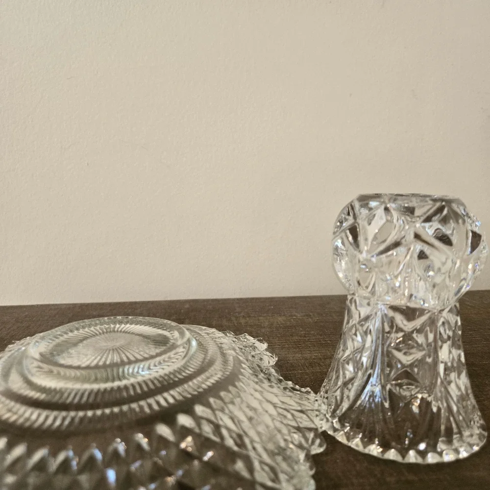 Vintage Pressed Glass Set Diamond Point Candy Dish and Toothpick Holder Clear